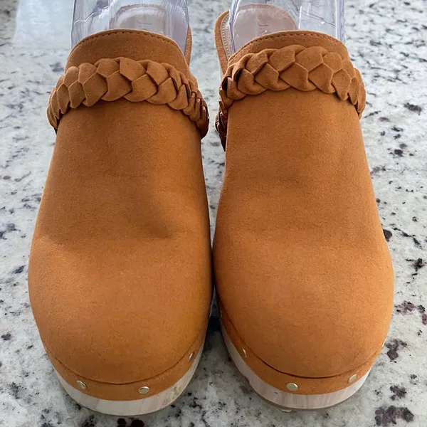 J.Crew Braided Clog Mules Tan Suede Wood‎ Platform Studded BJ249 Mens 9.5 NWOB - Image 3