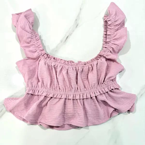Y2K Lavender Bow Tie-Front Sz Small Feminine Ruffled Coquette Babydoll Crop Top - Image 6