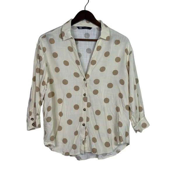 Zara Button Up Shirt Textured Polka Dot Collared Long Sleeve Small Ivory Beige - Image 13