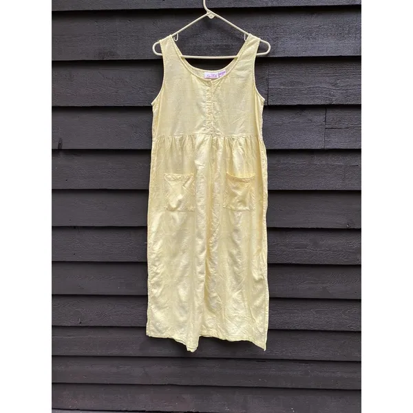 Vtg SITA Butter Yellow Sundress M Cotton Cottage Cabin Boho Plaid Texture Pocket - Image 4