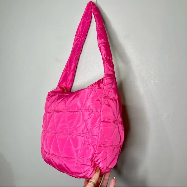 Pink Quilted Puffer Shoulder Bag Lightweight Hobo Bag Handbag New - Image 5