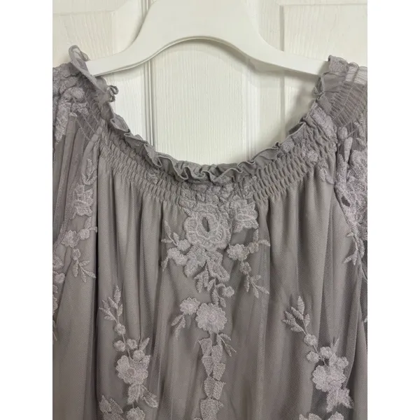 Gray Sheer Lacy Floral Long Sleeve Top M Fairy Grunge Dark Romance Bell Cuff - Image 3
