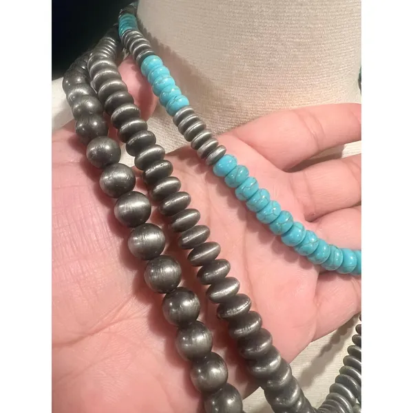 Artisan Turquoise & Gunmetal Triple Strand Beaded Necklace Southwestern Statement - Image 5