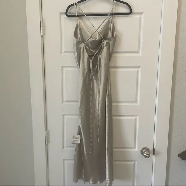 ASOS DESIGN Cami Maxi Satin Slip Dress with Lace‎ Up Back Size 6 in Silver NWT - Image 5