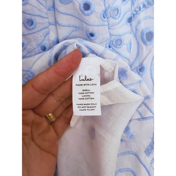 Lulus Floral Eyelet Embroidered Midi Dress Small White Blue Preppy Party Greece - Image 6