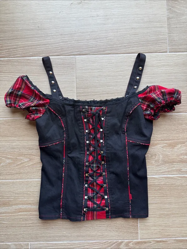 Tripp nyc SET Mini Skirt and Top Plaid Red Black Corset lace up pleated - Image 2