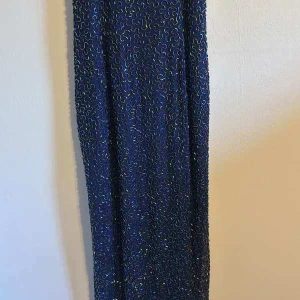 Vtg Laurence Kazar Halter Beaded embellished silk formal gown dress blue gold‎ L - Image 3