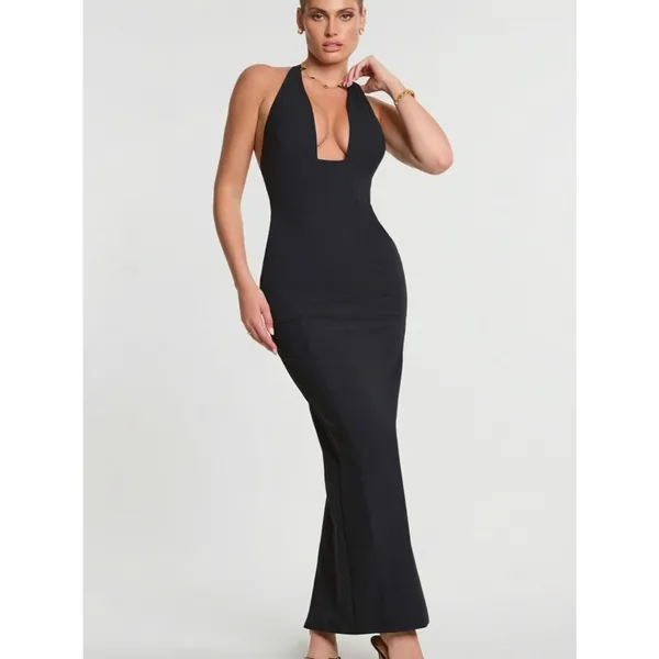 Oh Polly Black Halter Maxi Dress US 8 Bodycon Formal Stretch - Image 8