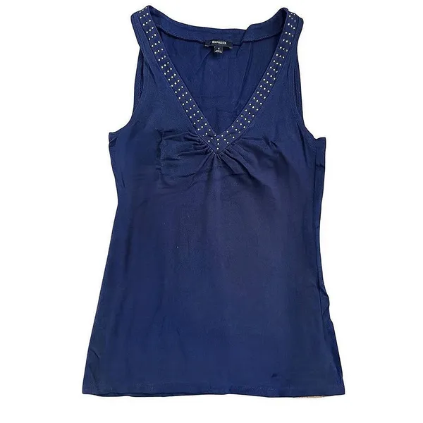 Express Tank Top Womens Small Navy Blue Excellent Studded‎ V-Neck Sleeveless - Image 2
