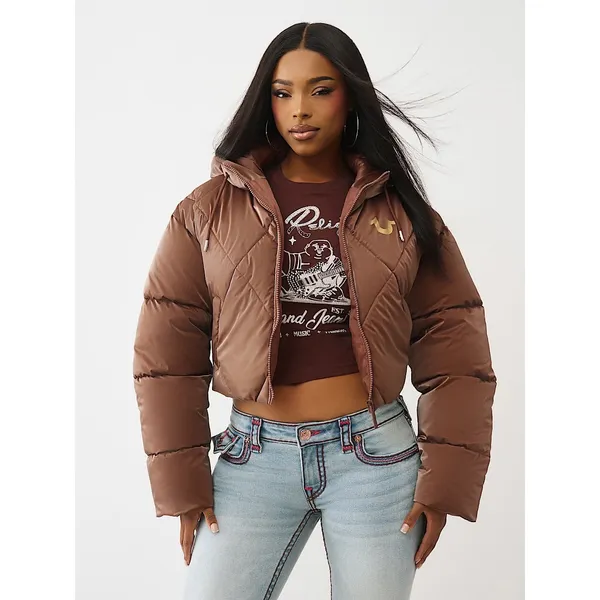NWT!! TRUE RELIGION High-Shine Metallic Hooded Puffer Jacket Bronze Large - Image 4