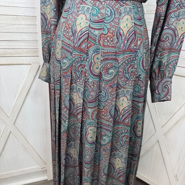 Vntg J.G. Hook Paisley Pleated Mock Neck Maxi Dress Green Multi Size‎ 4 Heritage - Image 6