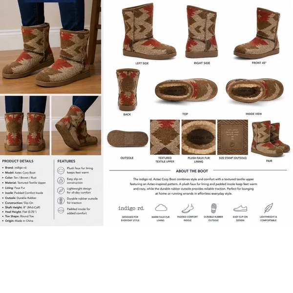 Indigo rd. Aztec Cozy Boot Women 6M Tan‎ Brown Rust Faux Fur Lined Mid Calf Boot - Image 2