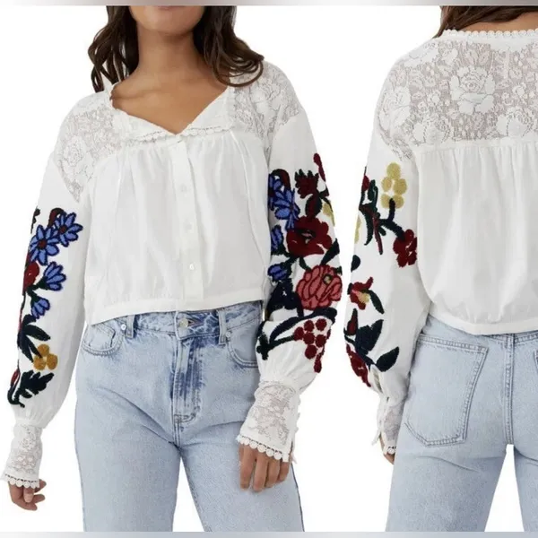 Free People Peasant Lace Embroidery Crop Top Coquette‎ Blouse Crop Pirate Boho - Image 2