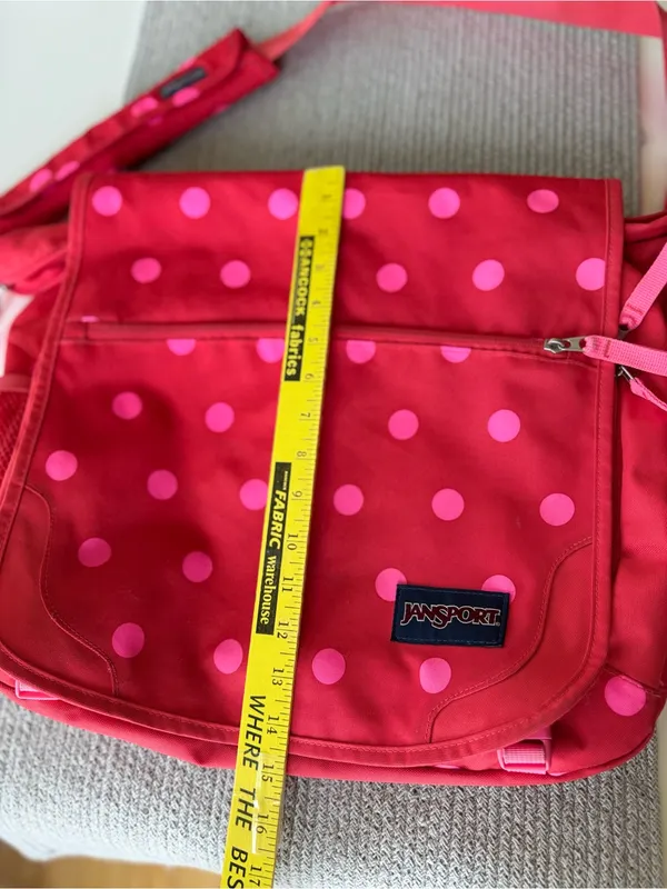 Jansport Red Oversized Messenger Bag with Pink Polka Dots - Image 7