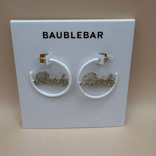 BaubleBar Bride White Enamel Pavé Crystal Script Hoop Earrings Wedding Jewelry‎ - Image 2