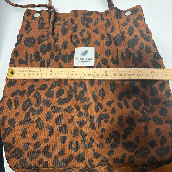Leopard Print Corduroy Tote‎ Bag Brown Black Animal Pattern Snap Closure Lined - Image 8