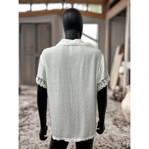 Flora Nikrooz‎ Lace Trim Top L | 100% Rayon | Short Sleeve Button Front - Image 4