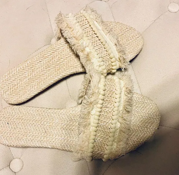 Fringe Straw Boho Sandals Open Toe Slides White Size 6 - Image 4