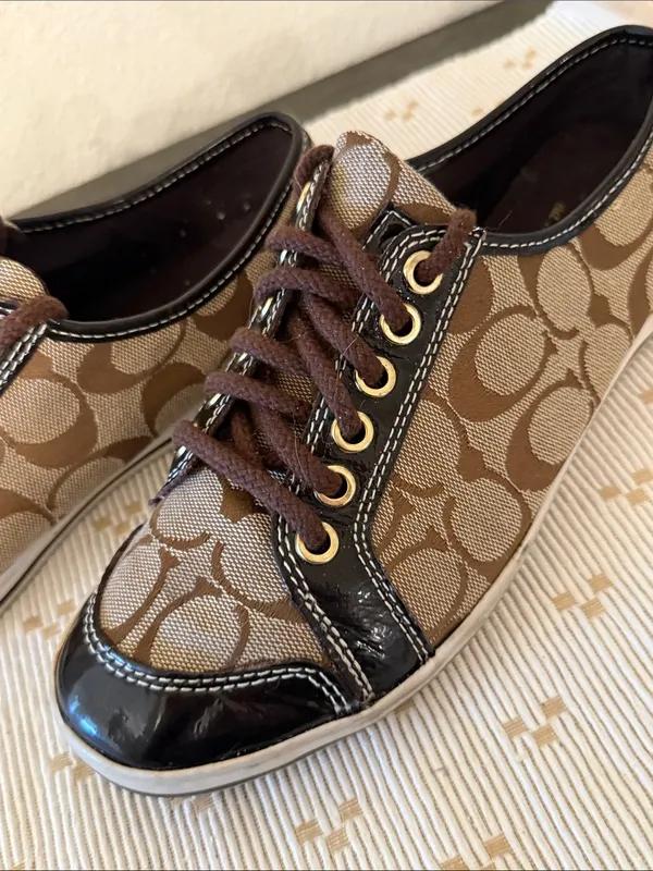 Coach Signature C Jacquard Patent Leather Low Top Sneakers Brown Khaki Size 7 - Image 13