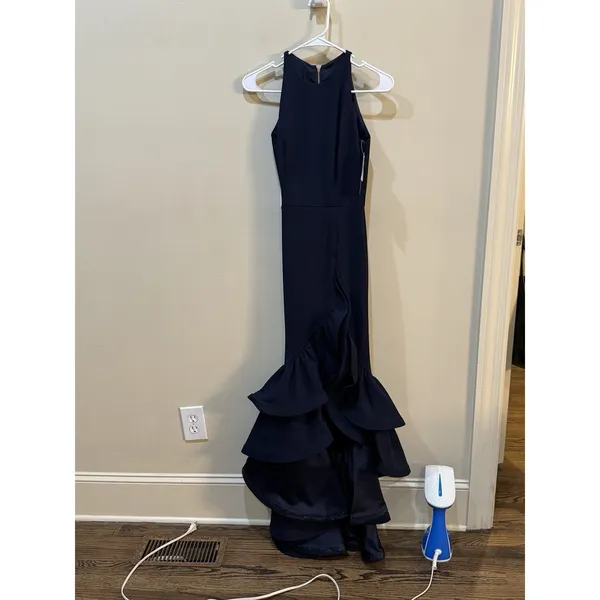 BETSY & ADAM NWT Long Halter Crepe Tiered Ruffle Gown Dress Navy Size 4 - Image 3