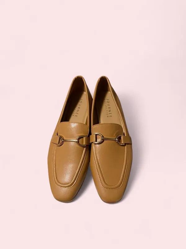 Journee Collection Tan Leather Loafers with Metal Bit - Image 5