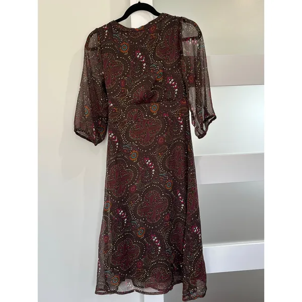 H&M Brown Paisley Floral Print Sheer‎ Flutter Sleeve Midi Dress Women US 6 - Image 2