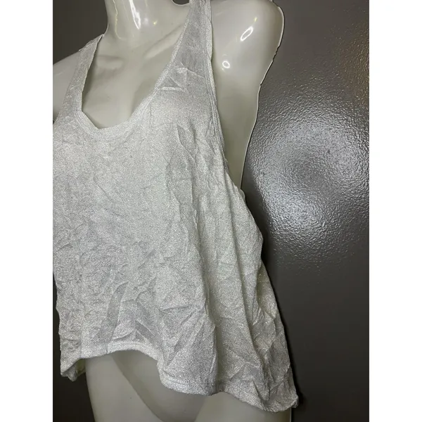 Free People Tank Top Womens Small Silver Lurex Scoop Neck Racerback Cropped - Image 4
