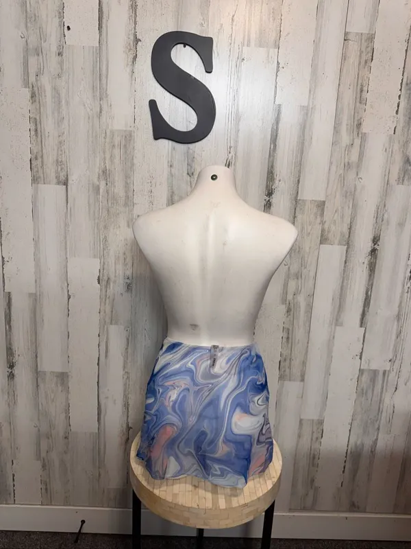 SHEIN Blue Marble Mesh Mini Skirt Womens S Abstract Y2K Sheer Swim Cover Up - Image 3