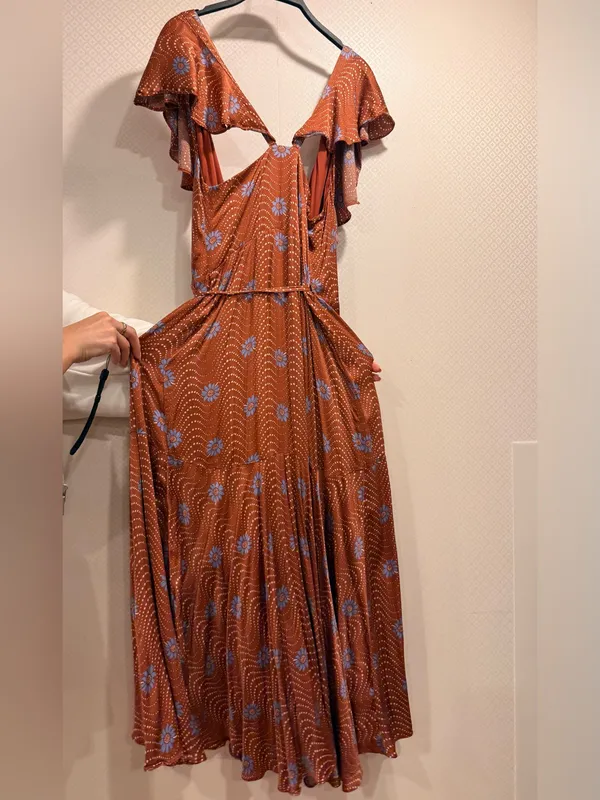 Anthropologie Ruffle-Sleeve Printed-Wrap Rust Midi Dress with Blue Floral Print - Image 10