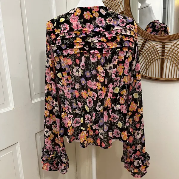 Free People Maybel Sz L Black Floral Cottagecore Fairy Blouse Top‎ Ruffles Flowy - Image 3