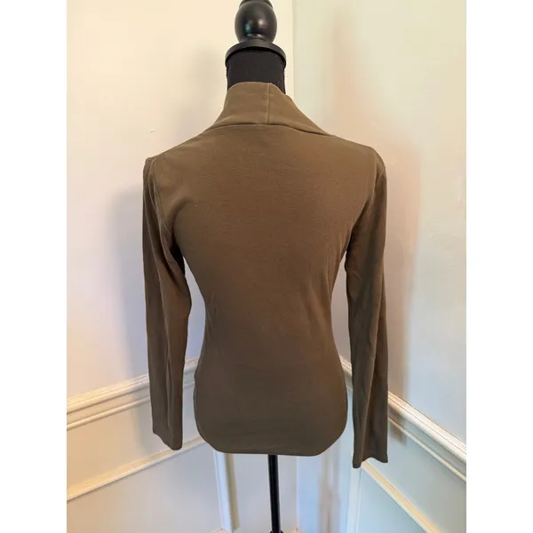 Lilla P 100% Cotton Long Sleeve Overlap V-Neck Top Olive Green Minimalist Layer - Image 5