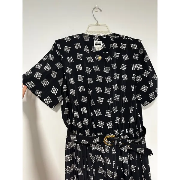 Leslie Fay Vintage Navy Blue Geometric Dot Pleated Midi Dress with Belt Size 14W - Image 9