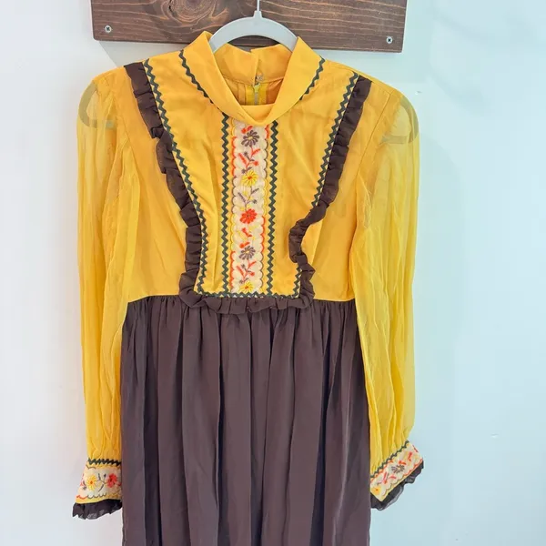 Vintage‎ Late 1960s Early 1970s Embroidered Bohemian Prairie Dress Brown Mustard - Image 2