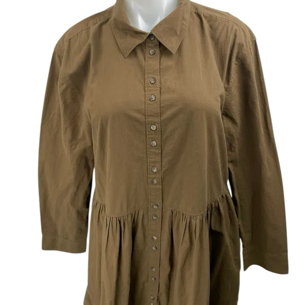 NEW Madewell Brown Pleated Long Sleeve Tiered A Line Midi Shirt Dress Size L - Image 4