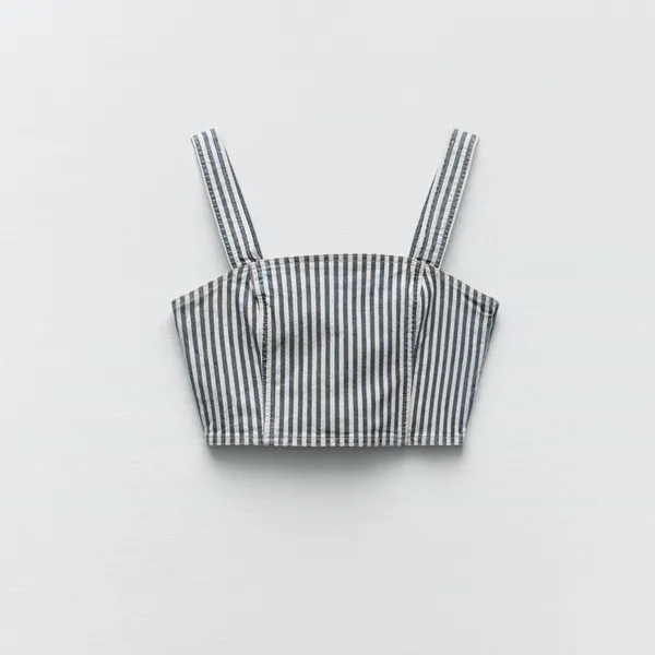 NWT Zara Striped Denim Crop Top in‎ Blue White Size Extra Small - Image 6