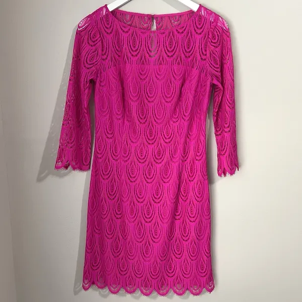 Lilly Pulitzer Hera Sheath‎ Dress Women's 6 Pink Lace 3/4 Sleeves Scalloped Hem - Image 3