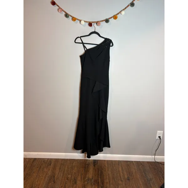 Adrianna Papell One Shoulder Ruffled Crepe Gown With Beaded Accent In Black - Image 2