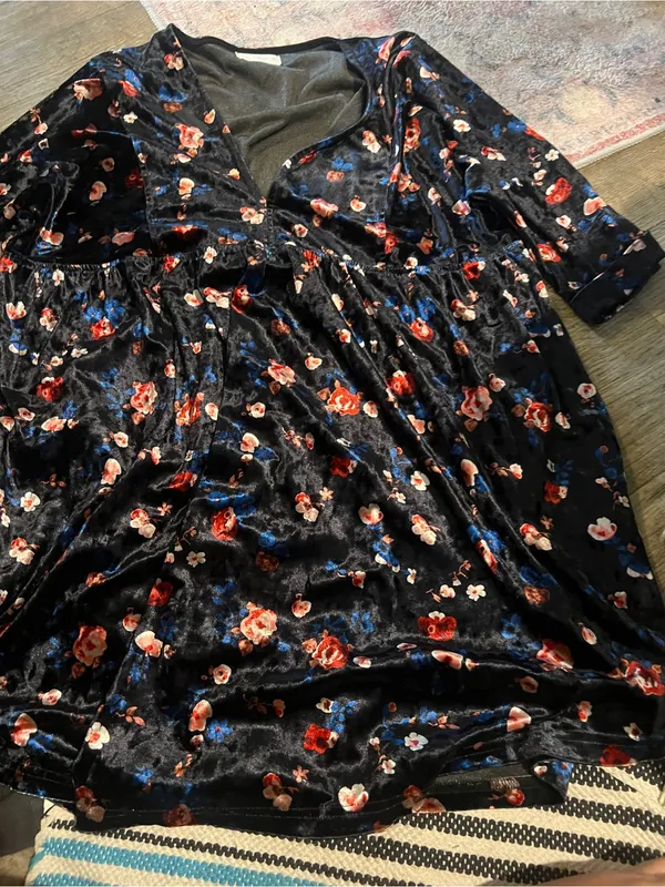 Natural Life Stella V-Neck Mini Black Velvet Vintage Floral Dress Boho Sz M - Image 15