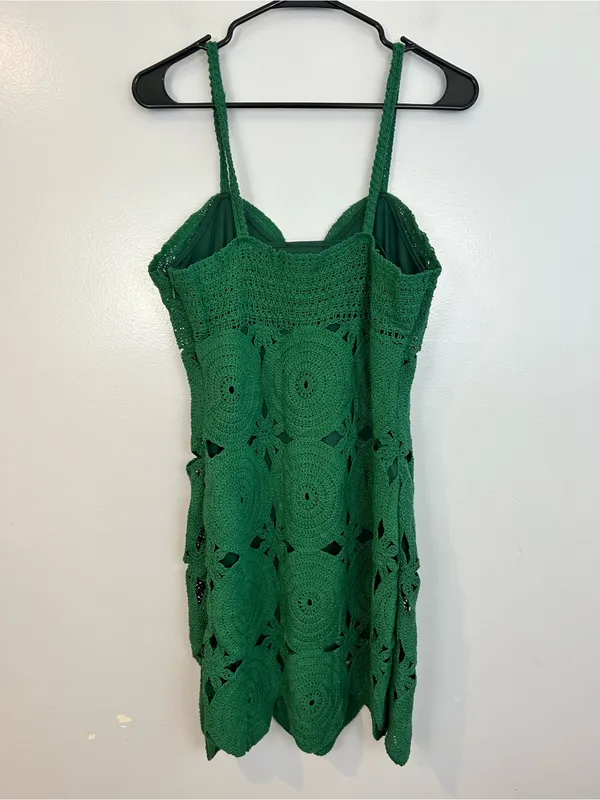 FORE Emerald Green Knit Crochet Sleevless Scallop Cotton Mini Dress Size Large - Image 6