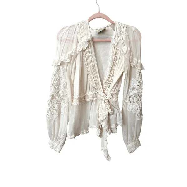 FARM RIO Wrap Tie Waist Ruffled Top White Medium - Image 2