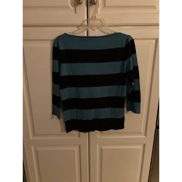 Ann Taylor‎ Silk Blend Striped Boat Neck Sweater Teal Blue Black 3/4 Sleeve Med - Image 4