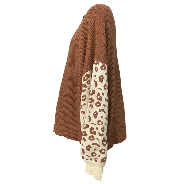 Pink Lily Oversized Ribbed Sweater Colorblock Leopard Sleeve XL 1X Cozy Casual‎ - Image 3