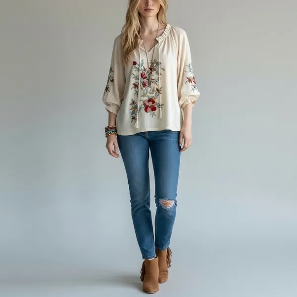 Solitaire Cream Floral Embroidered Boho Blouse Size Large - Image 7