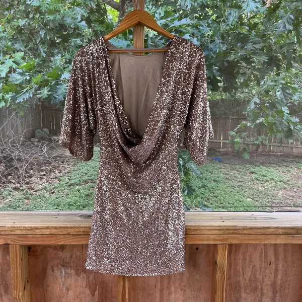 Zara Women's Copper Sequined Party Dress Open Draped Back Size XS. NEW! - Image 2