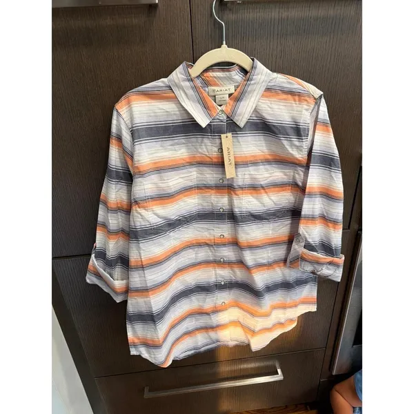 Ariat women's shirt striped pattern in orange, blue, and white colors nwt L - Image 3