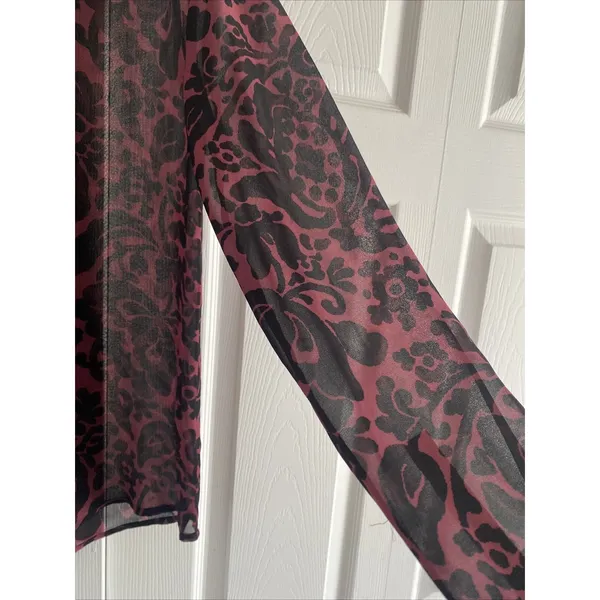Loft Damask Floral Pintuck Blouse Womens Size M Burgundy Black Sheer Polyester‎ - Image 5