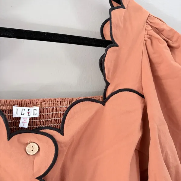 TCEC Scalloped Button Front Puff Sleeve Mini Dress Terracotta Orange Large - Image 3