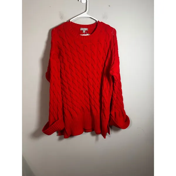 J.Crew Womens Red Cable-Knit Side-Slit Crewneck‎ Sweater BM401 L-XL NEW - Image 4