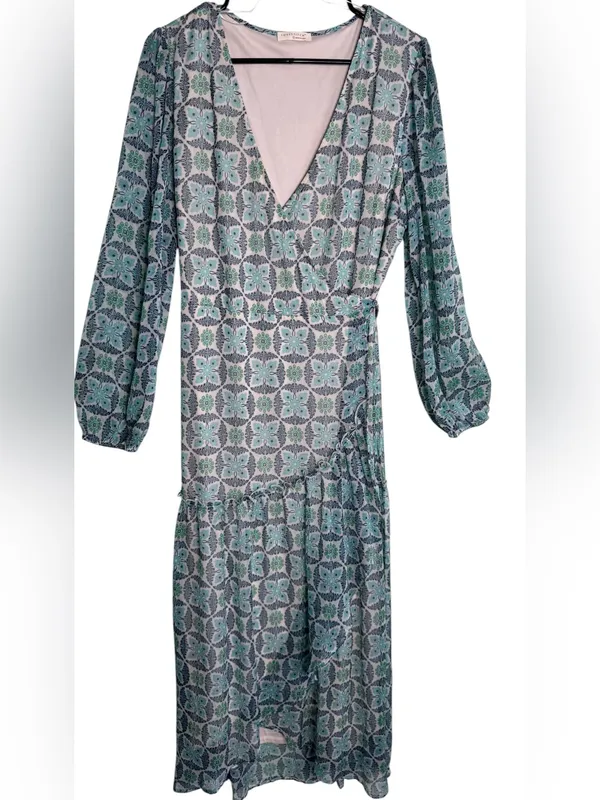 Lovestitch Rio Blue Patterned Maxi Wrap Dress Size L EUC Boho Chiffon - Image 3