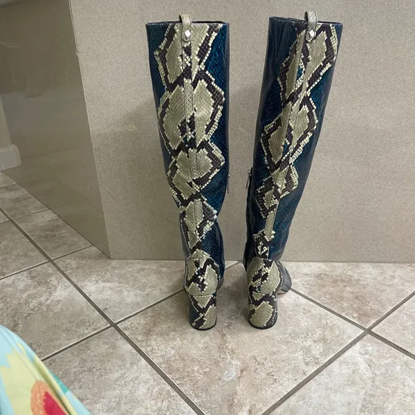Sam Edelman Hai Knee High Boots Teal Blue Snakeskin Embossed Pointed Toe 5.5M‎ - Image 5